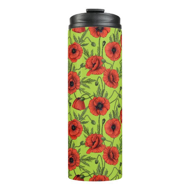 Poppies, red and green on lime green thermal tumbler (Front)
