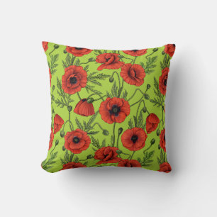 Poppies, red and green on lime green throw pillow