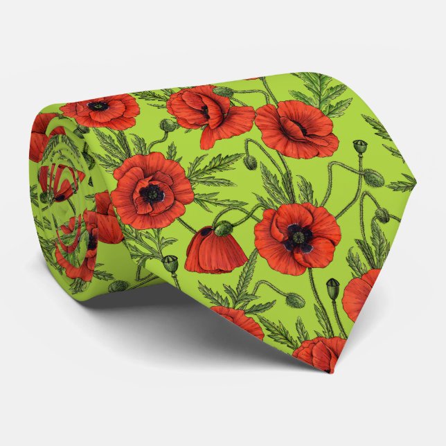 Poppies, red and green on lime green tie (Rolled)