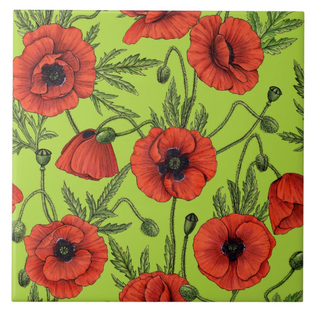 Poppies, red and green on lime green tile (Front)