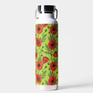 Poppies, red and green on lime green water bottle