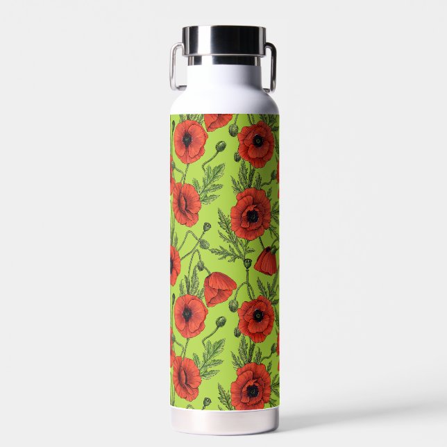 Poppies, red and green on lime green water bottle (Front)
