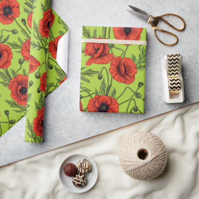 Poppies, red and green on lime green wrapping paper (Crafts)