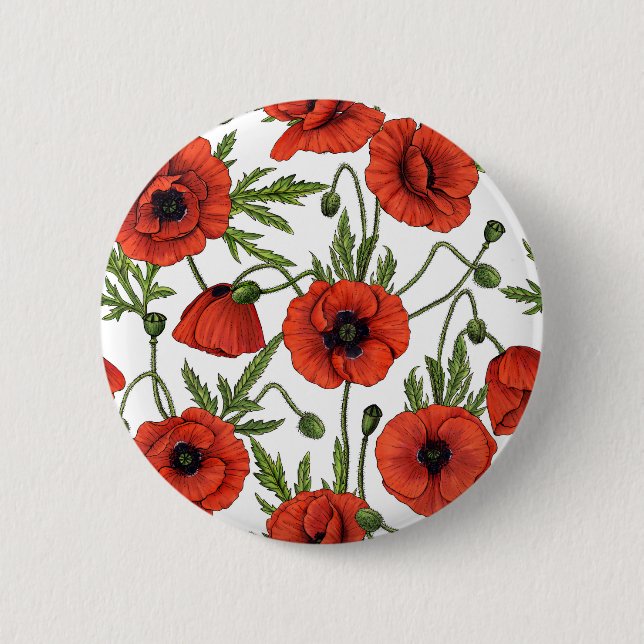 Poppies, red and green on  white 2 inch round button (Front)