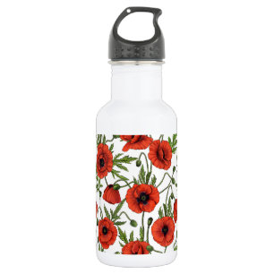 Poppies, red and green on  white 532 ml water bottle