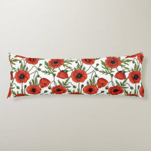 Poppies, red and green on white body pillow