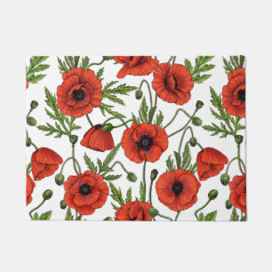 Poppies, red and green on white doormat