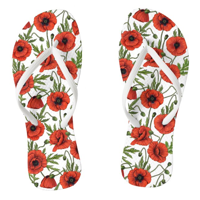 Poppies, red and green on  white flip flops (Footbed)
