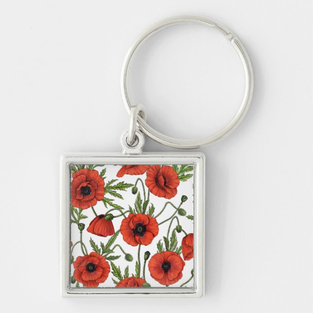 Poppies, red and green on  white keychain (Front)
