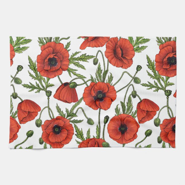 Poppies, red and green on  white kitchen towel (Horizontal)