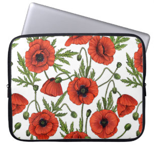 Poppies, red and green on  white laptop sleeve