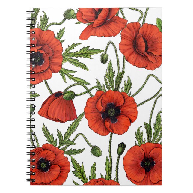 Poppies, red and green on  white notebook (Front)