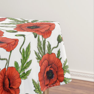 Poppies, red and green on white tablecloth