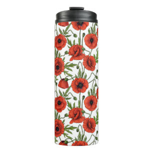 Poppies, red and green on  white thermal tumbler