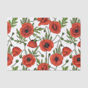 Poppies, red and green on  white tissue paper