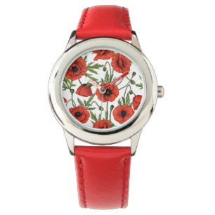 Poppies, red and green on  white watch