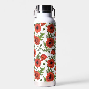 Poppies, red and green on white water bottle