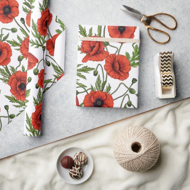 Poppies, red and green on  white wrapping paper (Crafts)