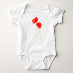 Poppies red floral watercolor summer baby bodysuit