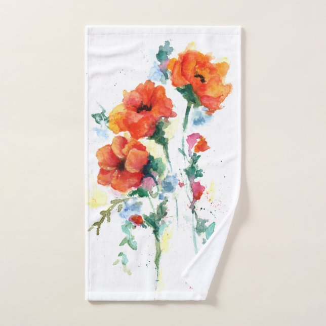 Poppies Red Three Cheerful Long Stemmed Watercolor Hand Towel (Hand Towel)