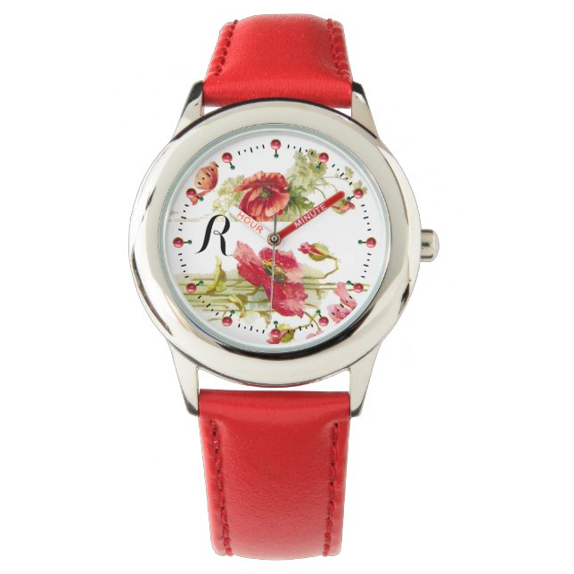 POPPIES Red White Floral Monogram Watch (Front)