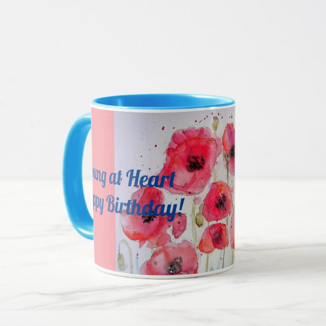 Poppies rouges Jeune au coeur Aquarelle Mug bleu (Devant gauche)