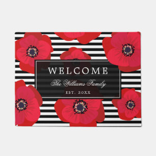 Poppies & Stripes  - Family Name - Welcome Doormat