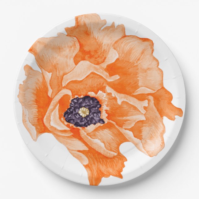 Poppies Watercolor Flowers Paper Plates (Front)