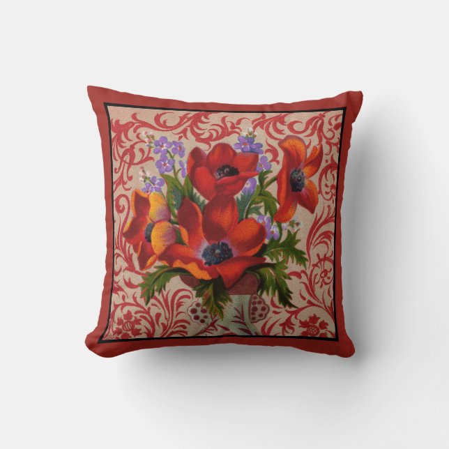 Poppies with a Red Border Throw Pillow (Front)