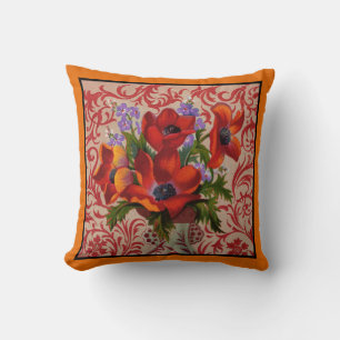 Poppies with an Orange Border Throw Pillow