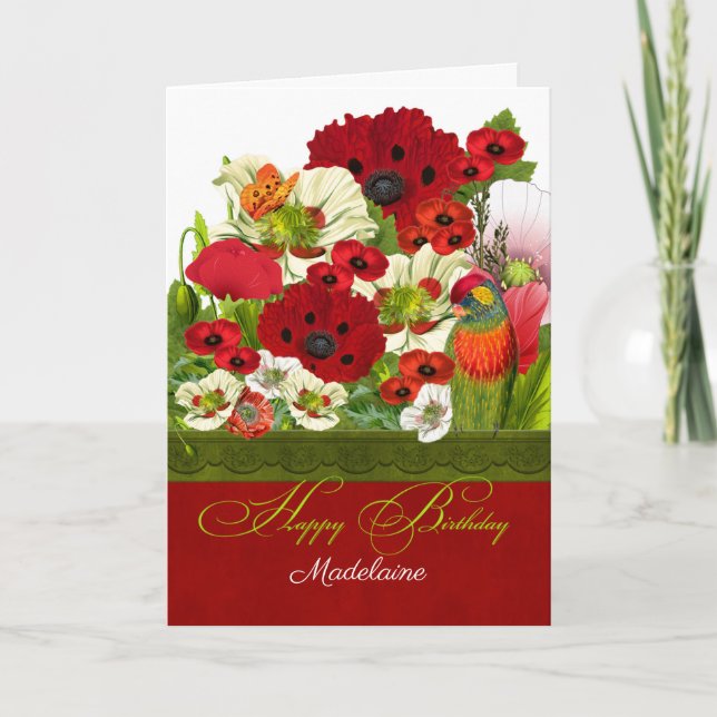 Poppies with Lorikeet Parrot and Name Birthday Card (Front)