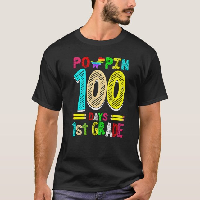 Poppin 100 Days 1st Grade Dinosaur Primary School  T-Shirt (Front)