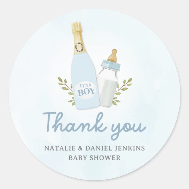 Poppin Bottles Boy Baby Shower Favour Classic Round Sticker (Front)