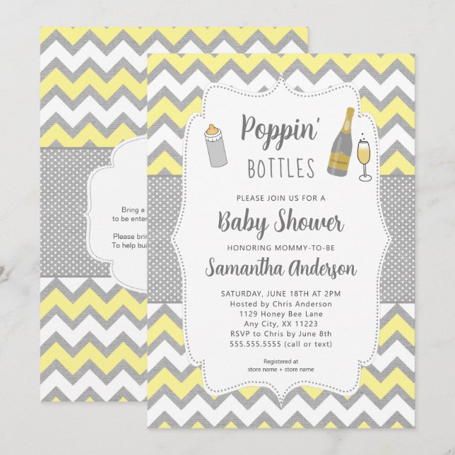Poppin' Bottles Yellow Grey Baby Shower Invitation (Front/Back)