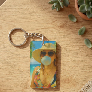 Poppin' Into 40 Tropical Beach Babe Birthday Keychain