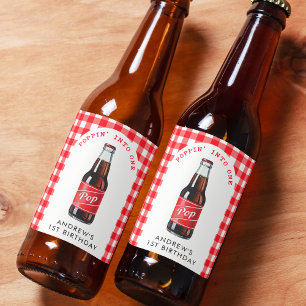 Poppin Into One Soda Plaid Red 1st Birthday Party Beer Bottle Label