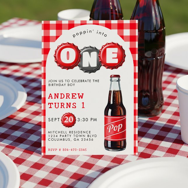 Poppin Into One Soda Plaid Red 1st Birthday Party Invitation (Poppin Into One Soda Plaid Red 1st Birthday Party Invitation
)