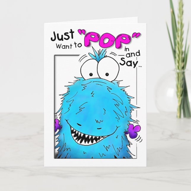 Popping By Blue Fuzzy Monster Birthday Card (Front)