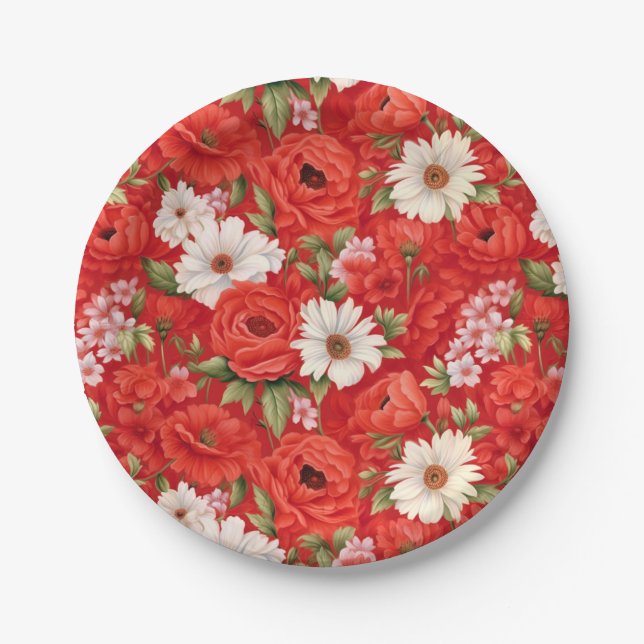 Poppy and chamomile red and white flowers paper plate (Front)