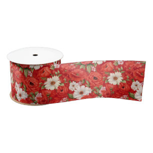 Poppy and chamomile red and white flowers satin ribbon