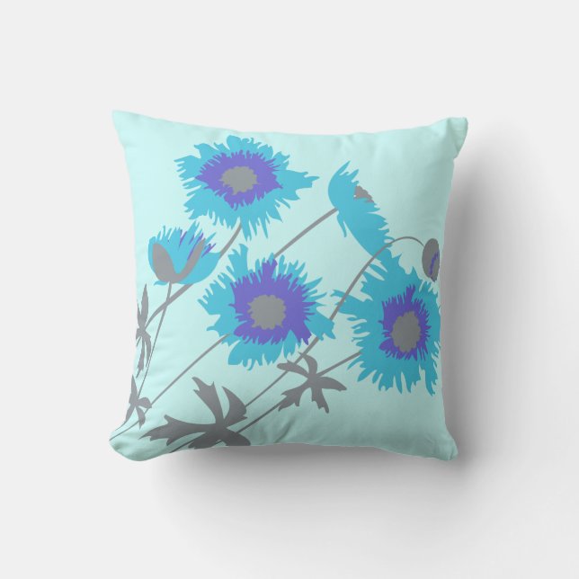 Poppy aqua, blue, purple grey throw pillow (Front)