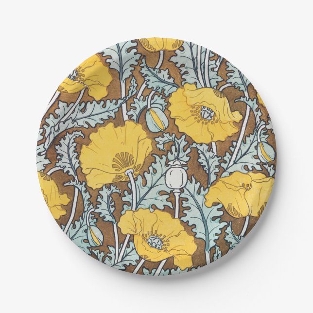 poppy art illustration yellow flower paper plate (Front)