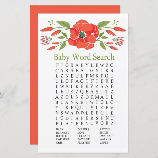Poppy Baby Shower Word Search Game (Front/Back)