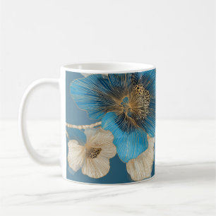 Poppy Blue Gold Line Art Botanical Floral Coffee Mug