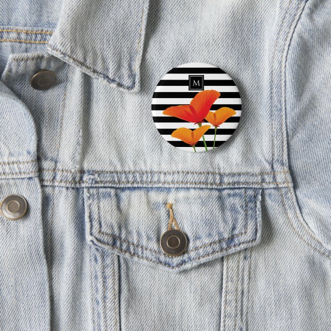 Poppy Chic Black Stripes Monogram 2 Inch Round Button (In Situ)