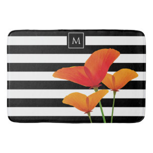 Poppy Chic Black Stripes Monogram Bath Mat