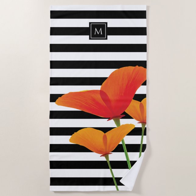 Poppy Chic Black Stripes Monogram Beach Towel (Front)