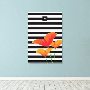 Poppy Chic Black Stripes Monogram Canvas Print