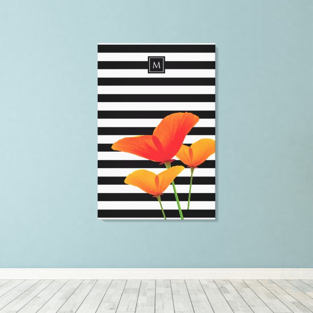 Poppy Chic Black Stripes Monogram Canvas Print (Insitu(Wood Floor))