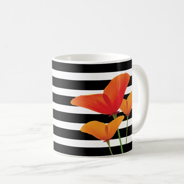 Poppy Chic Black Stripes Monogram Coffee Mug (Front Right)